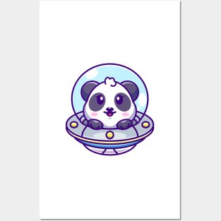Cute panda flying with spaceship ufo cartoon Posters and Art
